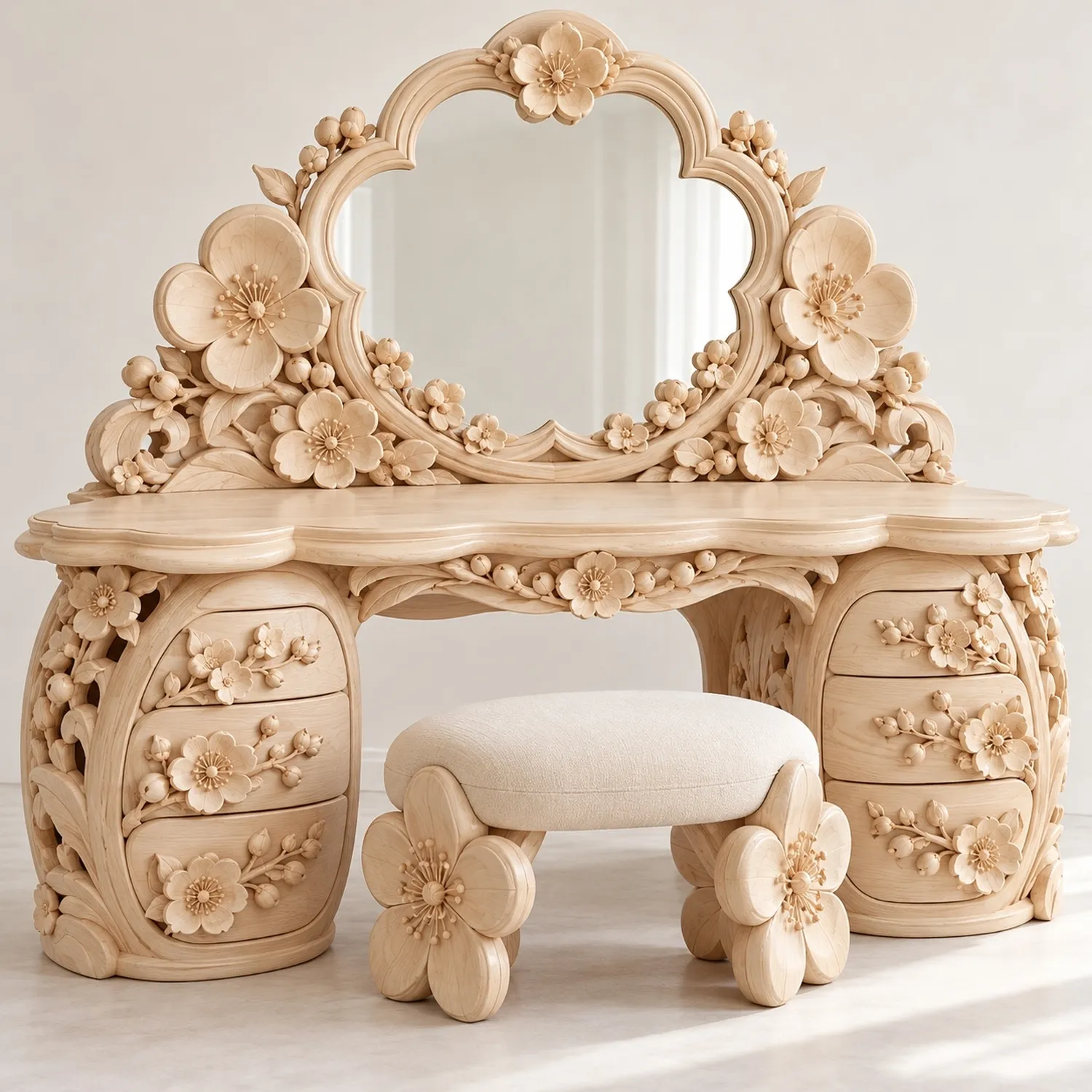 Wood Peach Blossom Pavilion Vanity Table Natural Home Style Unique Artisan Design