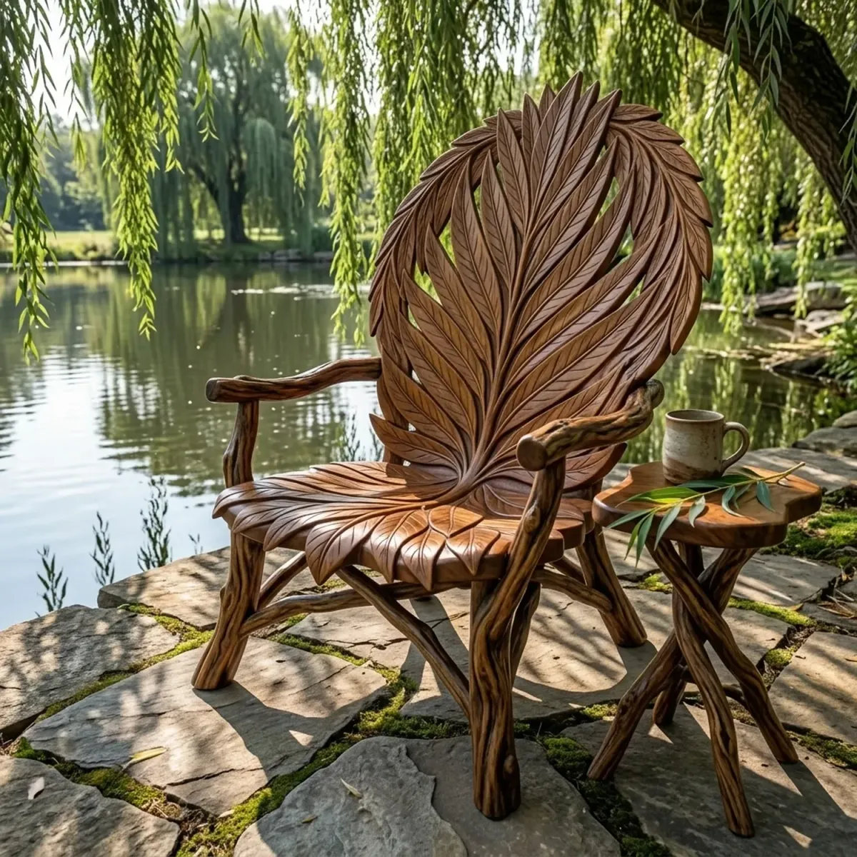 Wooden Willow Leaf Armchair Elegant Floral Silhouette Carved Chair