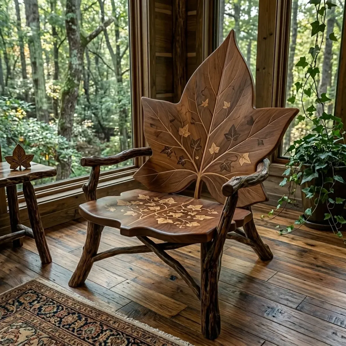 Wooden Maple Leaf Armchair Decorative Autumn Leaf Carved Wood Seating
