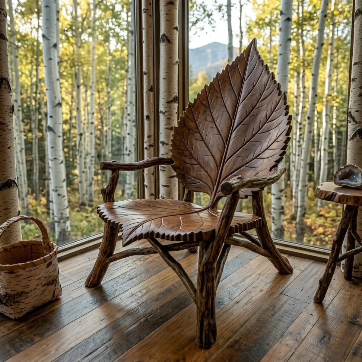 Wooden Birch Leaf Armchair Rustic Forest Theme Carved Wood Seating