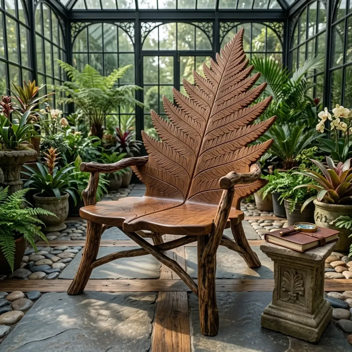 Wooden Fern Leaf Armchair Botanical Silhouette Hand Carved Chair