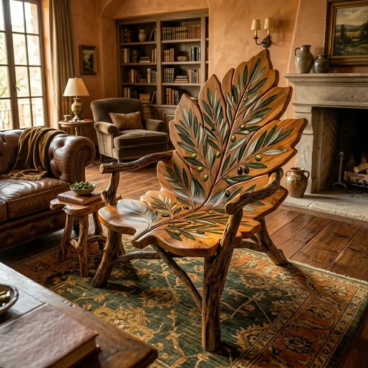 Wooden Olive Leaf Armchair Symbolic Nature Inspired Carved Seating