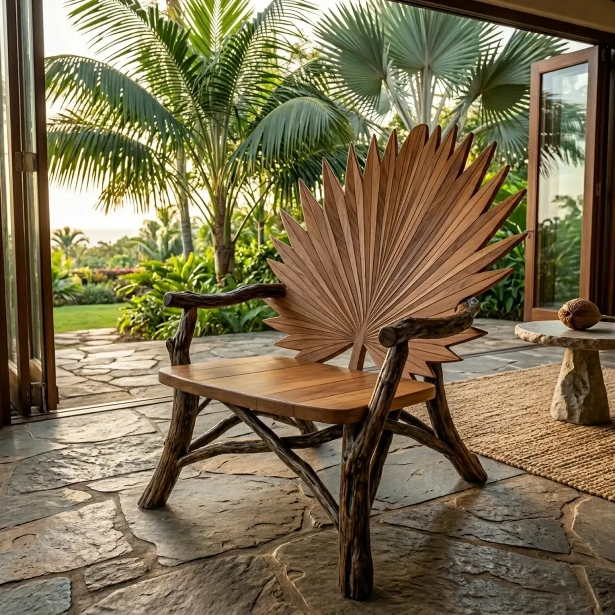 Wooden Fan Palm Leaf Armchair Tropical Style Carved Wood Furniture