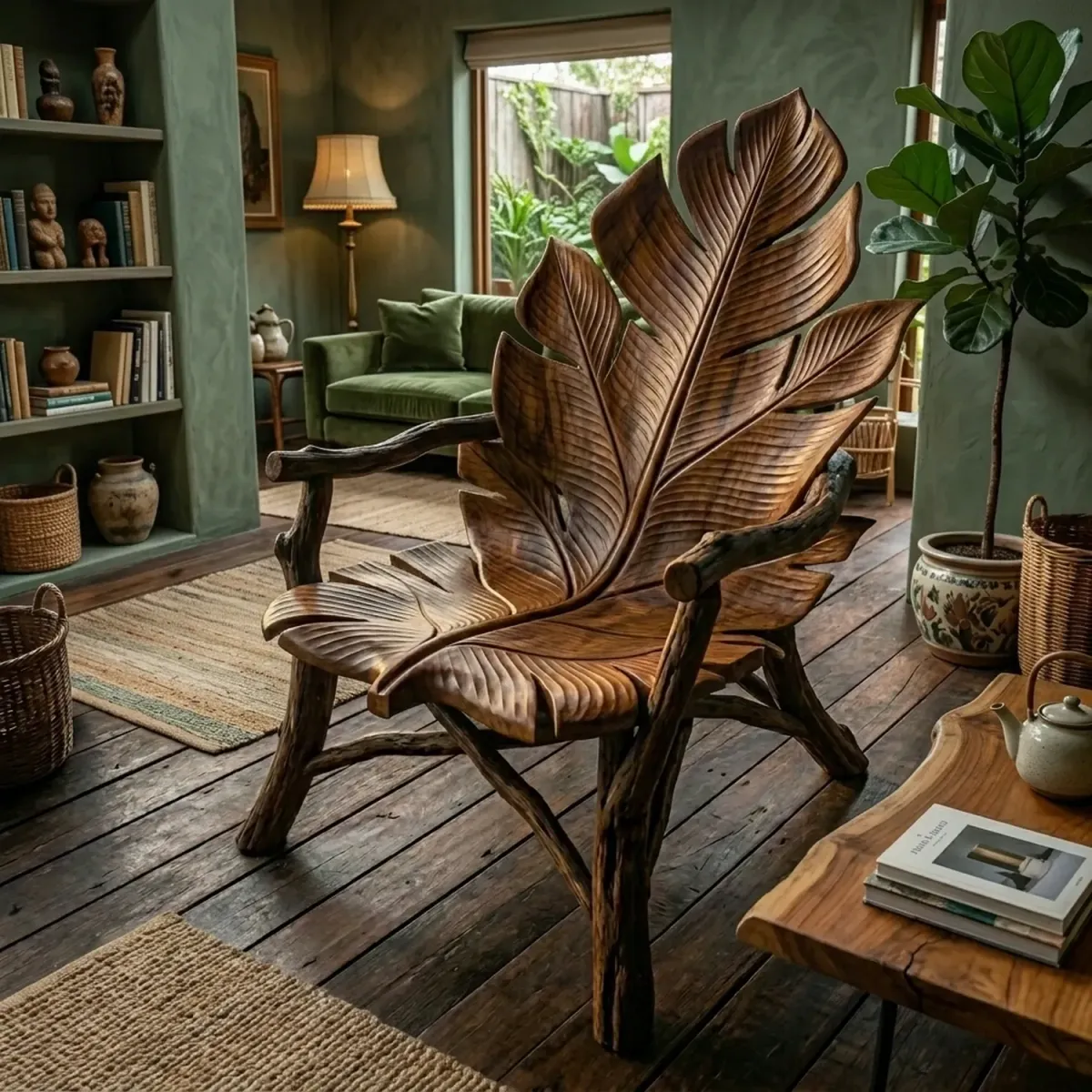 Wooden Split Monstera Leaf Armchair Modern Tropical Carved Wood Chair