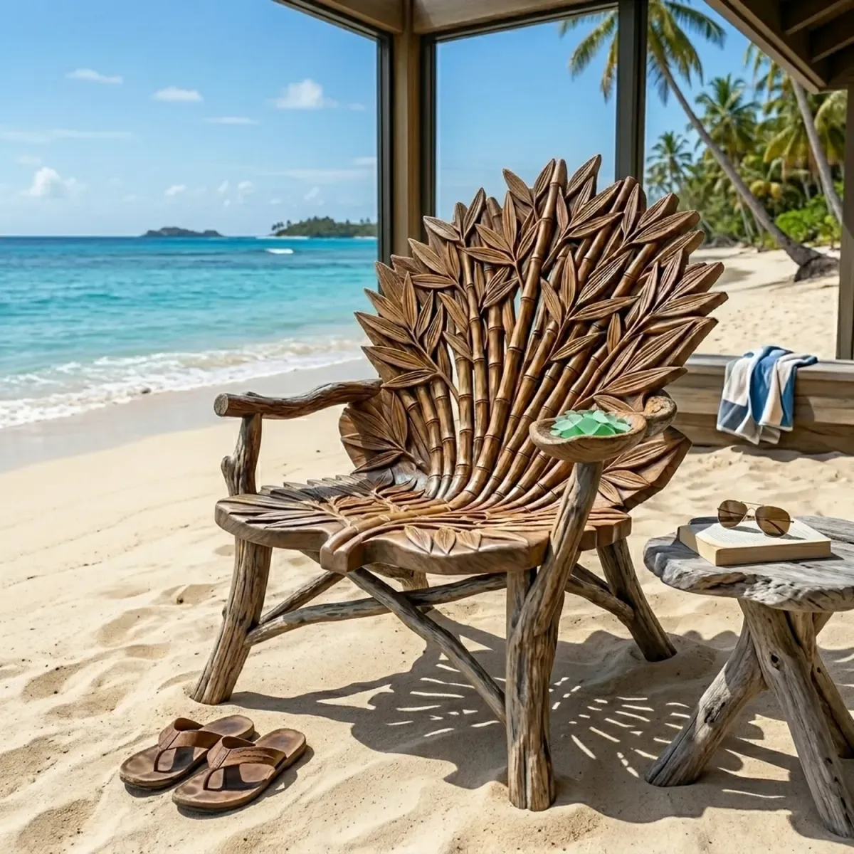 Wooden Bamboo Leaf Fan Armchair Asian Inspired Carved Wood Furniture
